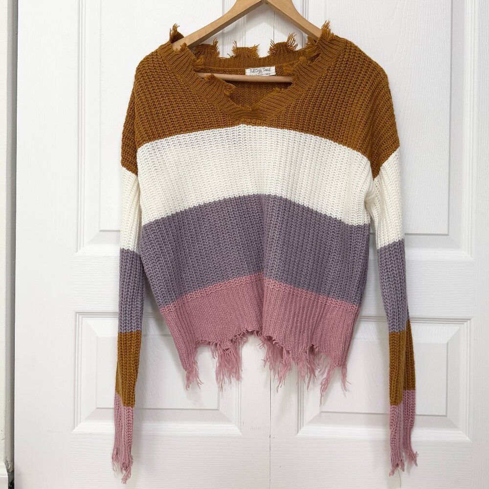 Women Full Circle Trends Cropped Sweater Pink Purple White Mustard Size Large